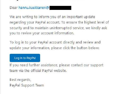 PayPal nimissä huijauspostia